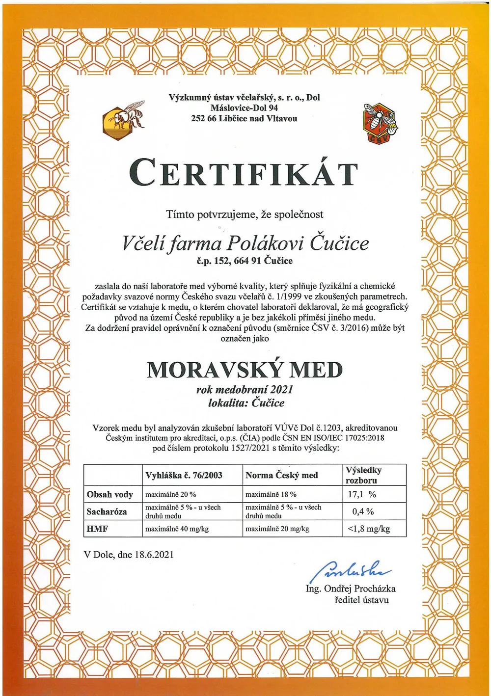 Certifikát Moravský med za rok 2021