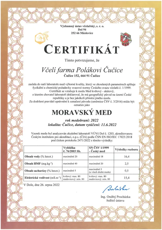 Certifikát Moravský med za rok 2022